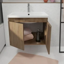 Meuble salle de bain à suspendre en bois avec vasque encastrée