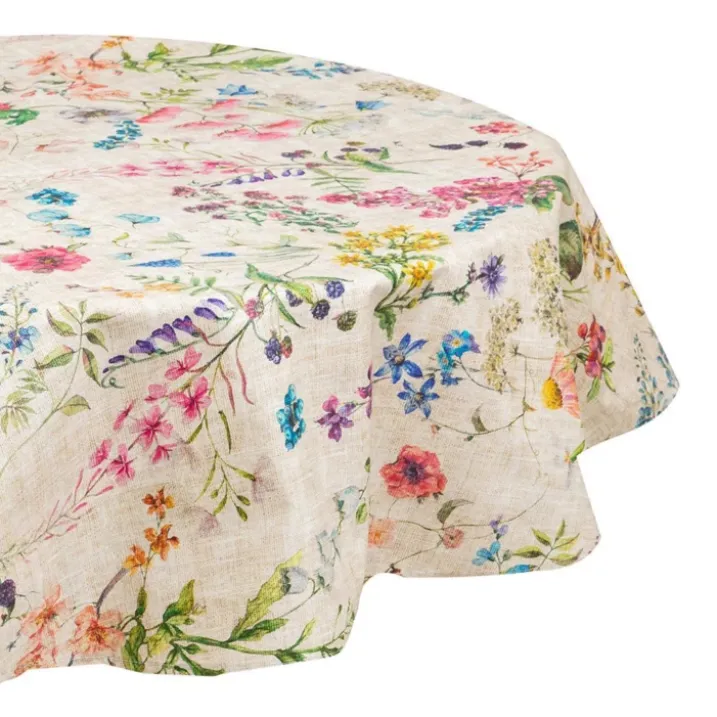 Nappe ronde en coton enduit anti-tache fleurs