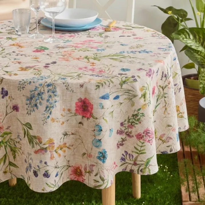 Nappe ronde en coton enduit anti-tache fleurs