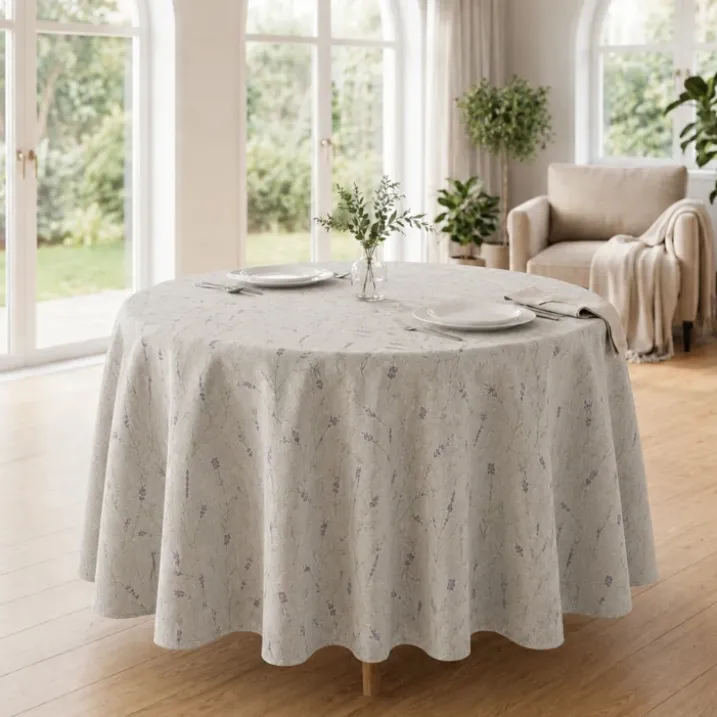 Nappe ronde en coton enduit anti-tache motif lavande