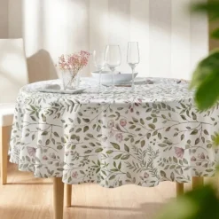 Nappe ronde en coton enduit anti-tache motif végétal