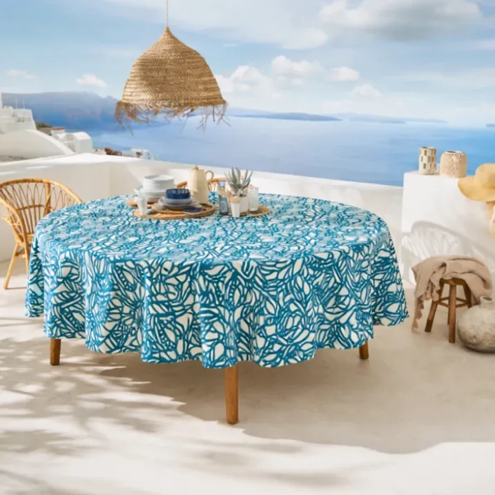 Nappe ronde en coton enduit feuillage abstrait