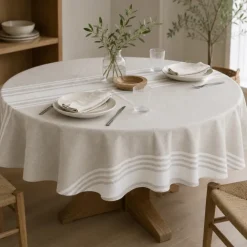 Nappe ronde en polycoton enduit anti-tache à motif rayé