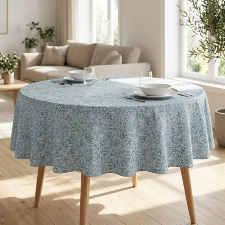 Nappe ronde en polycoton enduit anti-tache graphique