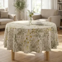 Nappe ronde en polycoton enduit anti-tache motif herbes