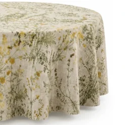 Nappe ronde en polycoton enduit anti-tache motif herbes