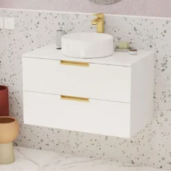 Pack meuble de salle de bains avec poignées or et vasque ronde