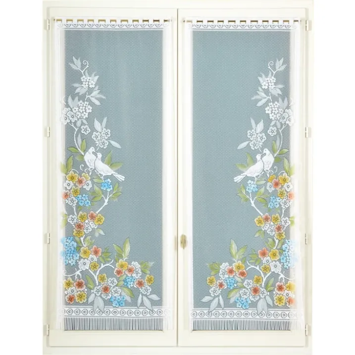 Paire de vitrages frangés en dentelle oiseaux et fleurs