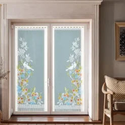 Paire de vitrages frangés en dentelle oiseaux et fleurs
