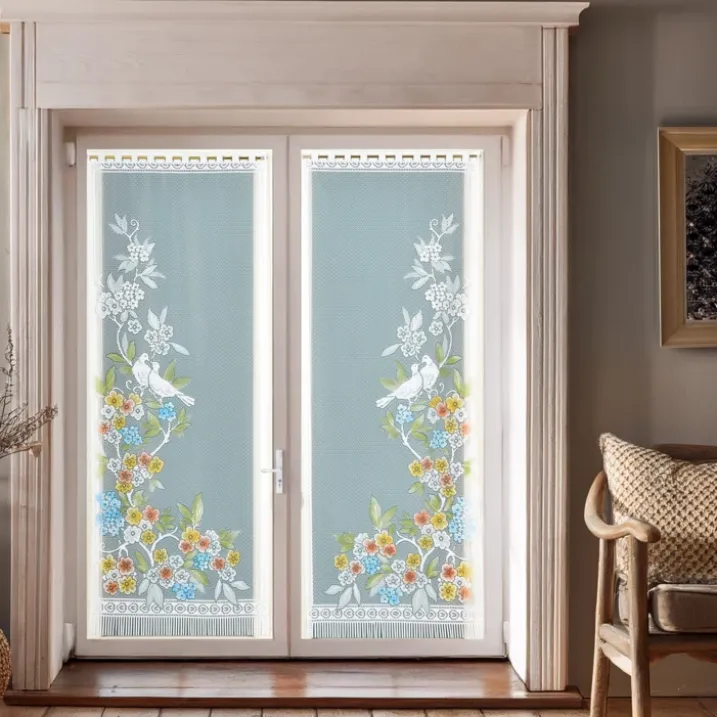 Paire de vitrages frangés en dentelle oiseaux et fleurs