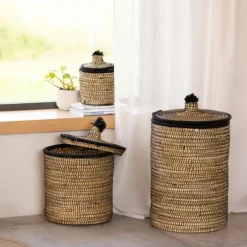 Panier à linge en fibres végétales et laine