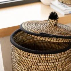 Panier à linge en fibres végétales et laine