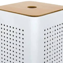Panier à linge en métal blanc avec couvercle bois