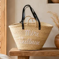 Panier tressé avec anses en cuir MERE VEILLEUSE