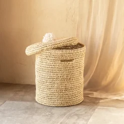 Panière a linge ajourée couvercle pompon