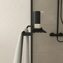 Paroi de douche avec porte-serviette et étagère