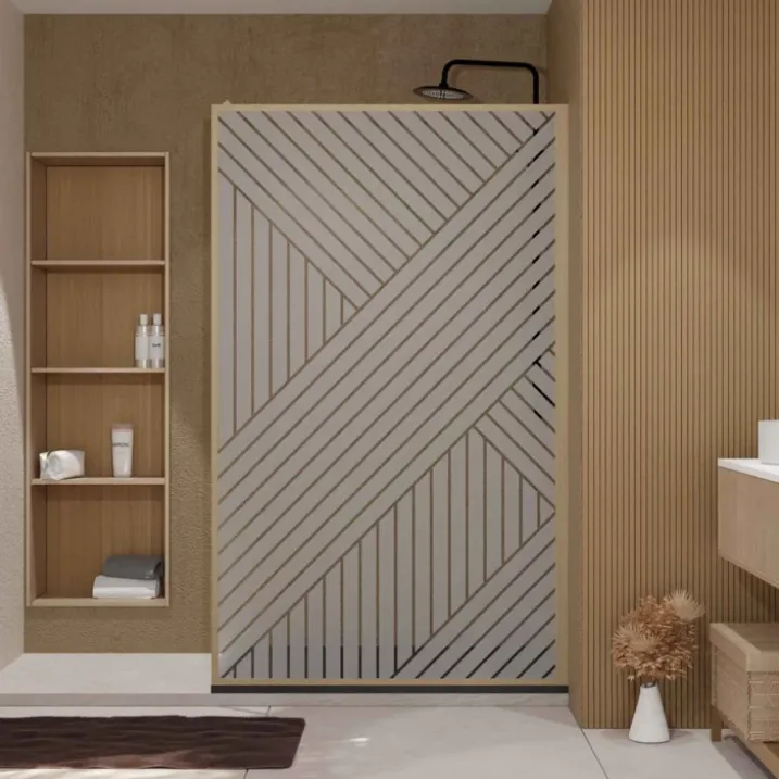 Paroi de douche en verre sérigraphié style Japandi motif géométrique
