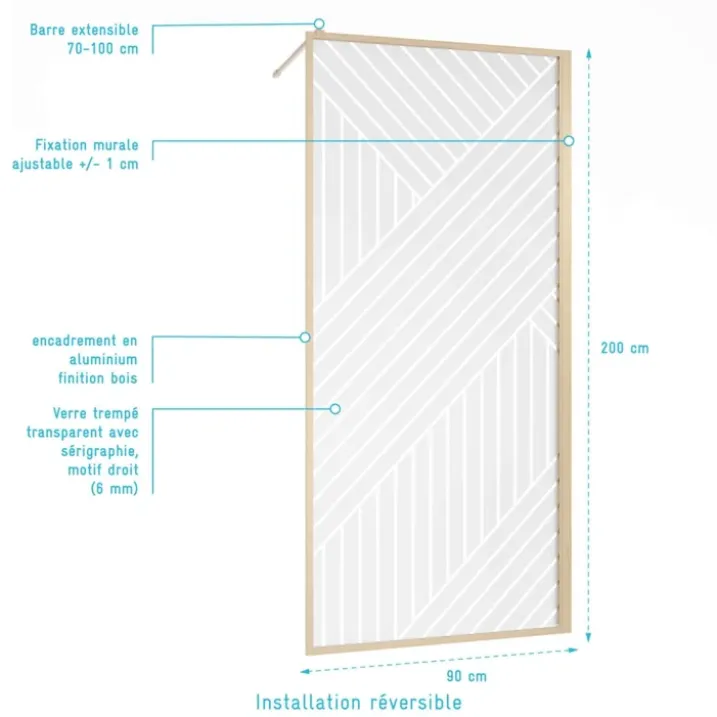 Paroi de douche en verre sérigraphié style Japandi motif géométrique
