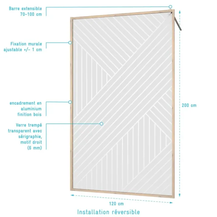 Paroi de douche en verre sérigraphié style Japandi motif géométrique