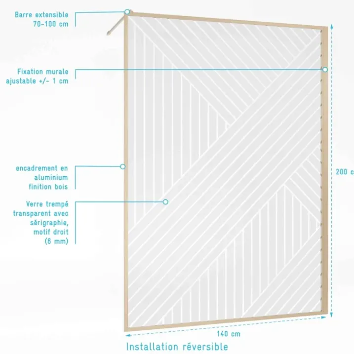 Paroi de douche en verre sérigraphié style Japandi motif géométrique