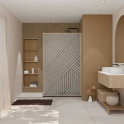 Paroi de douche en verre sérigraphié style Japandi motif géométrique