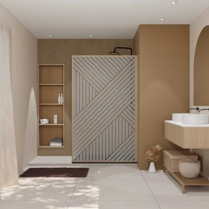 Paroi de douche en verre sérigraphié style Japandi motif géométrique