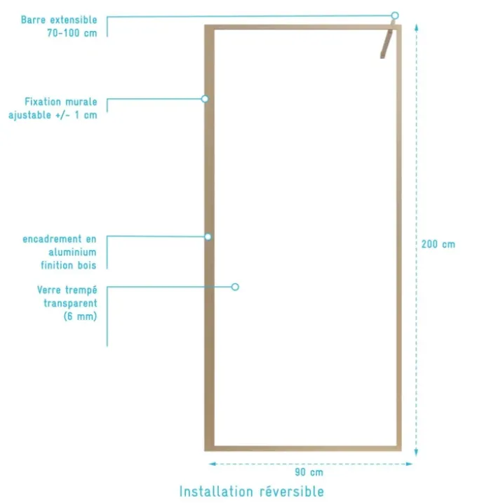 Paroi de douche en verre trempé effet bois