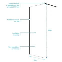 Paroi de douche à l’italienne en verre trempé 8 mm anticalcaire