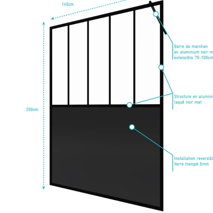 Paroi de douche verrière en verre trempé 5 mm avec structure aluminium