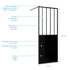Paroi de douche verrière en verre trempé 5 mm avec structure aluminium