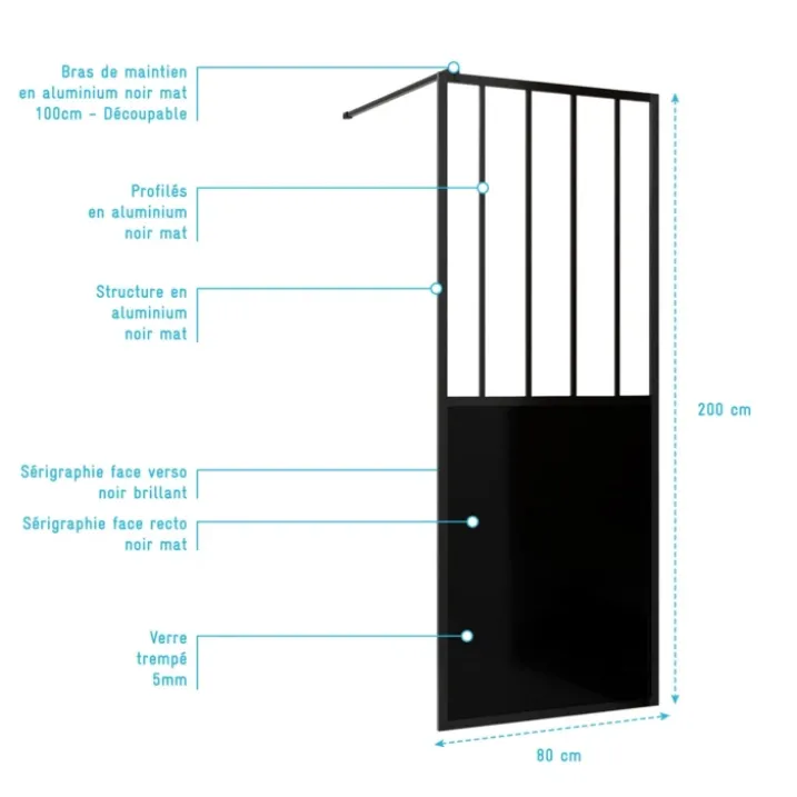 Paroi de douche verrière en verre trempé 5 mm avec structure aluminium