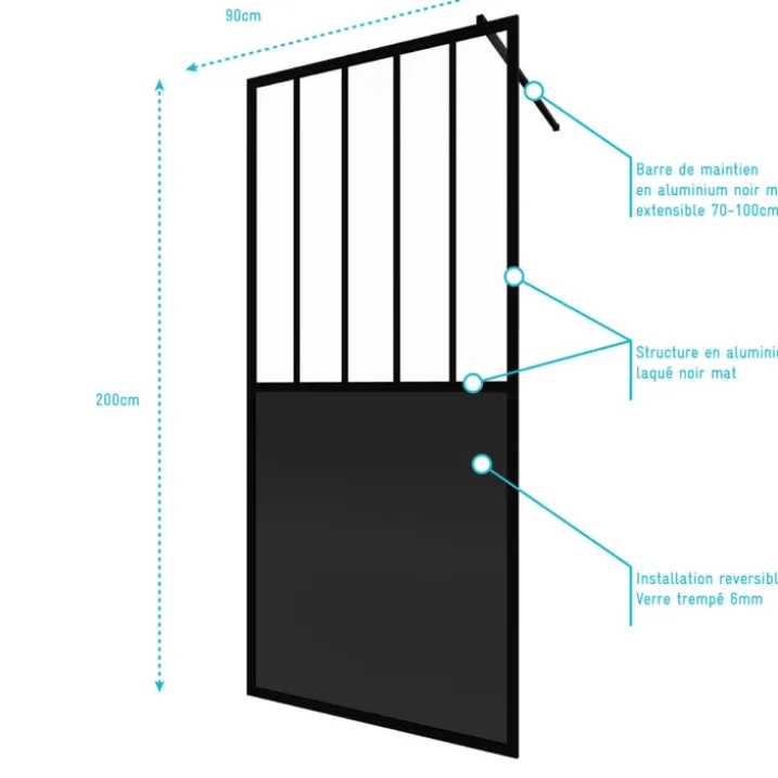 Paroi de douche verrière en verre trempé 5 mm avec structure aluminium