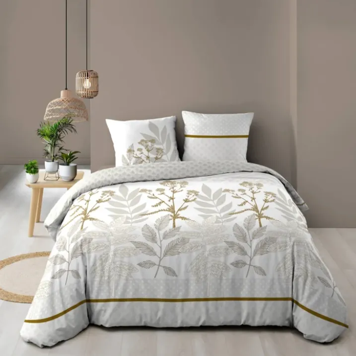 Parure de lit coton motif feuillage double face imprimée