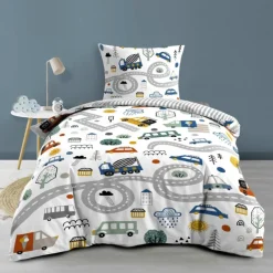 Parure de lit enfant réversible en coton motif véhicules et routes