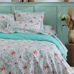 Parure de lit 3 pièces coton floral exotique housse + taies