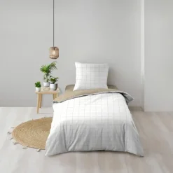 Parure de lit 2 pièces coton motif carreaux réversible housse + taie