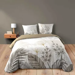 Parure de lit 3 pièces coton motif feuillage floral housse + 2 taies