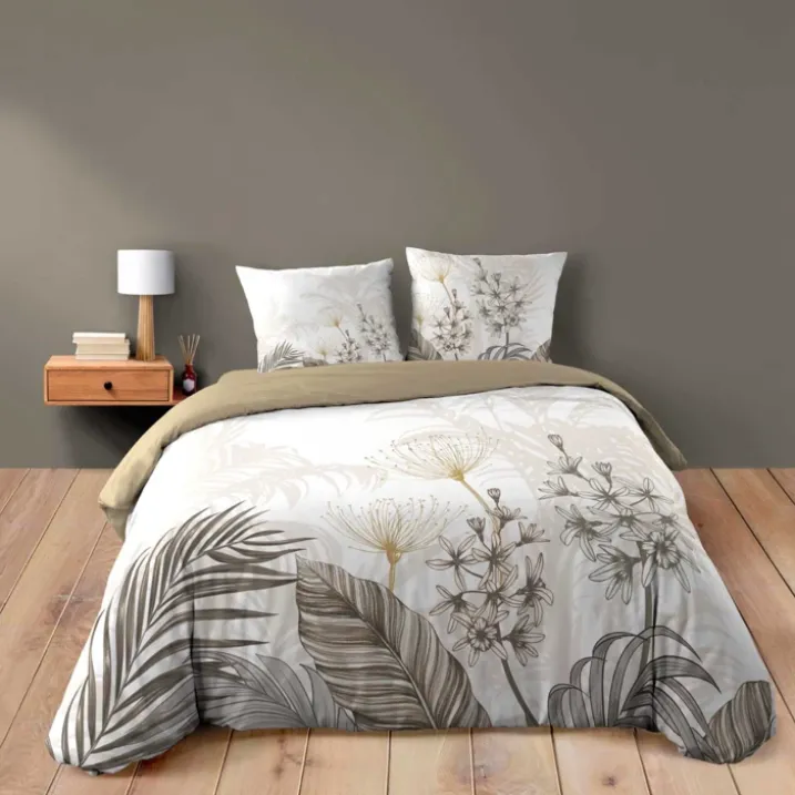 Parure de lit 3 pièces coton motif feuillage floral housse + 2 taies