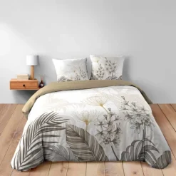 Parure de lit 3 pièces coton motif feuillage floral housse + 2 taies