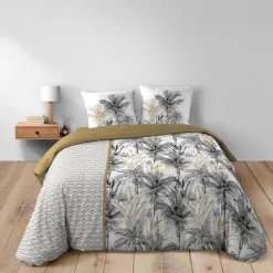 Parure de lit 3 pièces coton motif palmiers housse + 2 taies