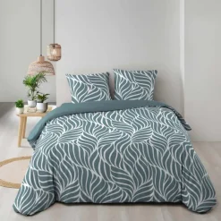 Parure de lit 3 pièces en coton feuille design housse + taies