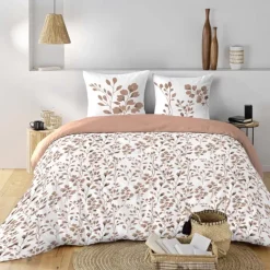 Parure de lit 3 pièces en coton à motif feuillage housse + taies