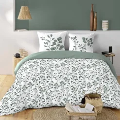 Parure de lit 3 pièces en coton à motif feuillage housse + taies