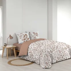Parure de lit 3 pièces en coton à motif feuillage housse + taies