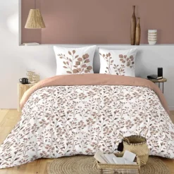 Parure de lit 3 pièces en coton à motif feuillage housse + taies
