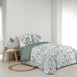 Parure de lit 3 pièces en coton à motif feuillage housse + taies