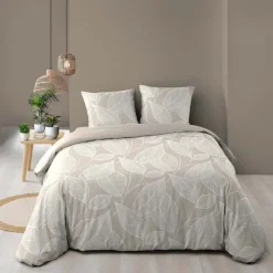 Parure de lit 3 pièces en coton à motif feuilles housse + taies
