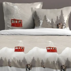 Parure de lit 3 pièces imprimée motif télécabines housse + taies