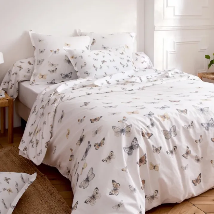 Parure de lit 3 pièces percale de coton 80 fils papillons housse + taies
