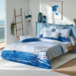 Parure de lit 2 pièces percale de coton voilier marin housse + taie